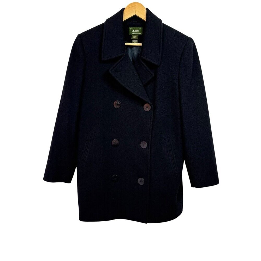 LL Bean Peacoat Womens 12 Petite Black Double Breasted Wool/Nylon/Cashmere Coat